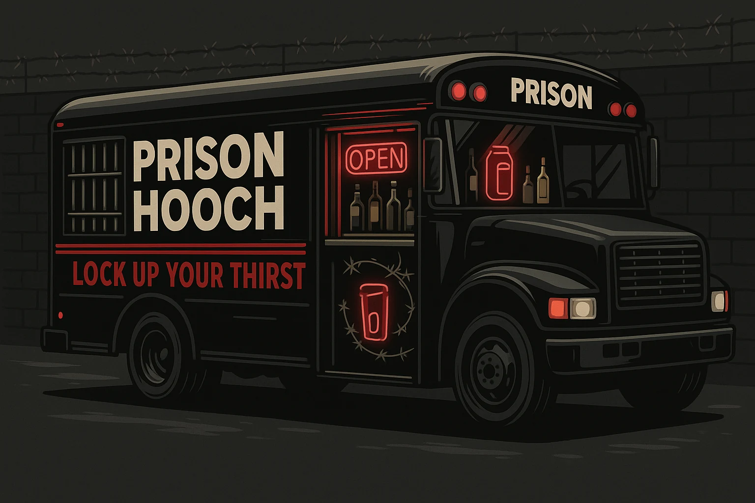 Prison Hooch promotional bus concept with Lock Up Your Thirst lettering