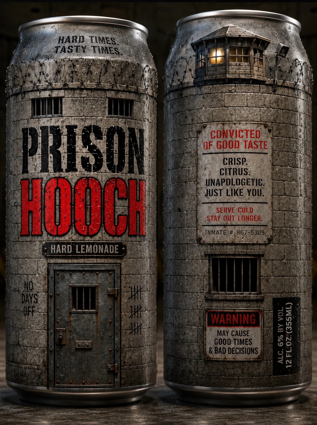 Prison Hooch hard lemonade can artwork, front and back
